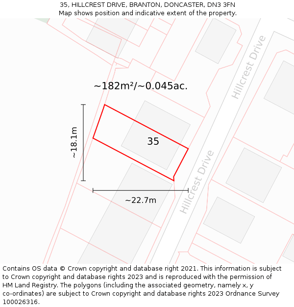 35, HILLCREST DRIVE, BRANTON, DONCASTER, DN3 3FN: Plot and title map