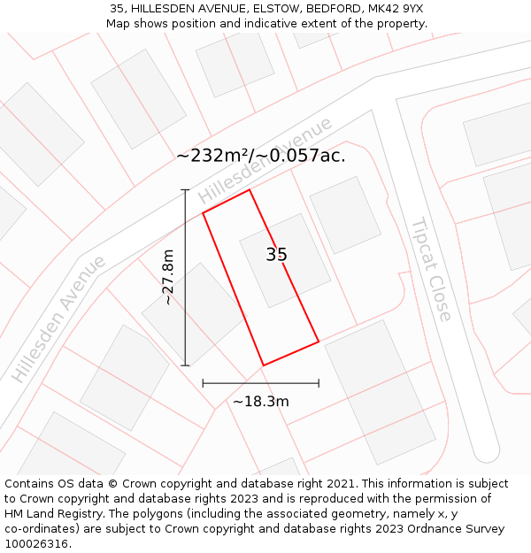 35, HILLESDEN AVENUE, ELSTOW, BEDFORD, MK42 9YX: Plot and title map
