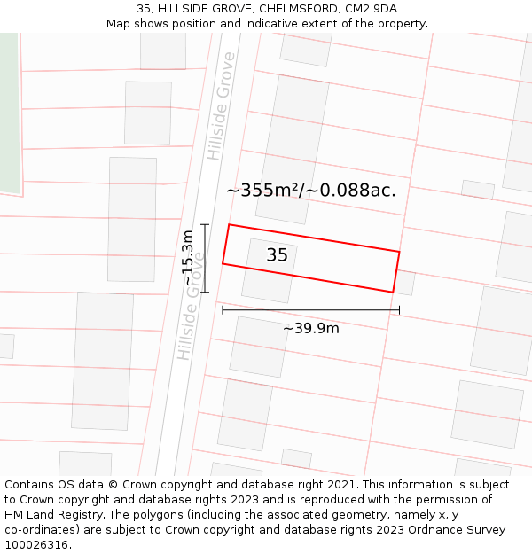 35, HILLSIDE GROVE, CHELMSFORD, CM2 9DA: Plot and title map
