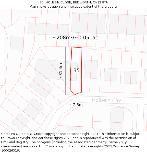 35, HOLBEIN CLOSE, BEDWORTH, CV12 8TA: Plot and title map