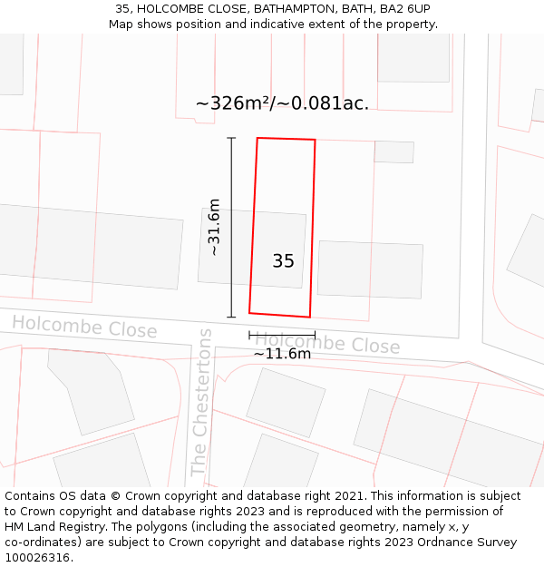 35, HOLCOMBE CLOSE, BATHAMPTON, BATH, BA2 6UP: Plot and title map