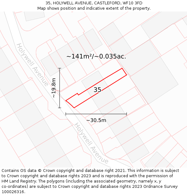 35, HOLYWELL AVENUE, CASTLEFORD, WF10 3FD: Plot and title map