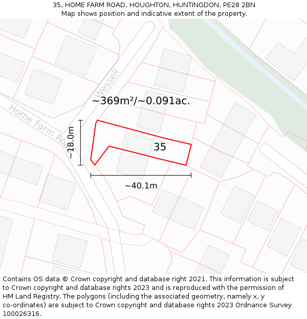 35, HOME FARM ROAD, HOUGHTON, HUNTINGDON, PE28 2BN: Plot and title map