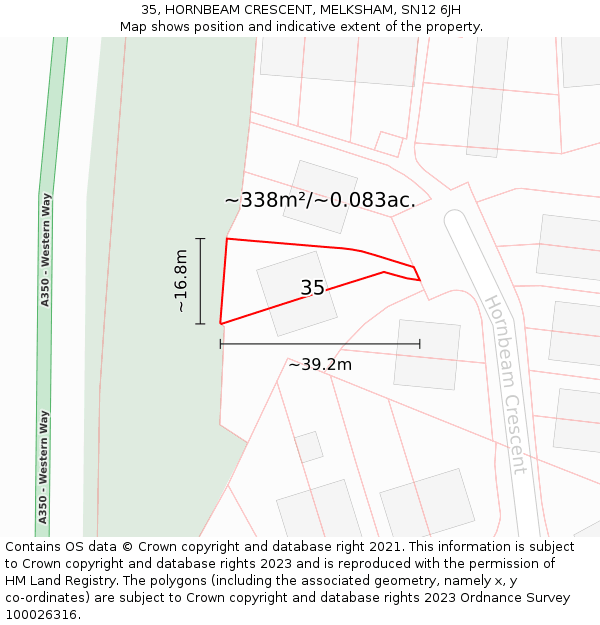 35, HORNBEAM CRESCENT, MELKSHAM, SN12 6JH: Plot and title map