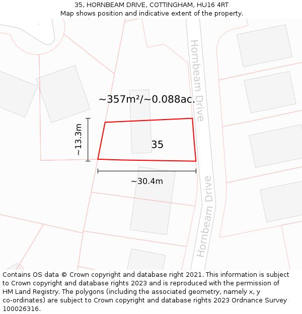 35, HORNBEAM DRIVE, COTTINGHAM, HU16 4RT: Plot and title map