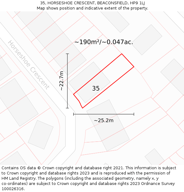 35, HORSESHOE CRESCENT, BEACONSFIELD, HP9 1LJ: Plot and title map