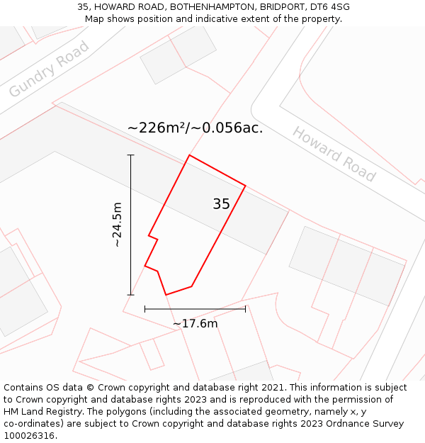 35, HOWARD ROAD, BOTHENHAMPTON, BRIDPORT, DT6 4SG: Plot and title map