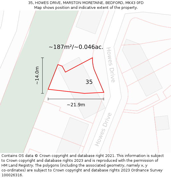 35, HOWES DRIVE, MARSTON MORETAINE, BEDFORD, MK43 0FD: Plot and title map