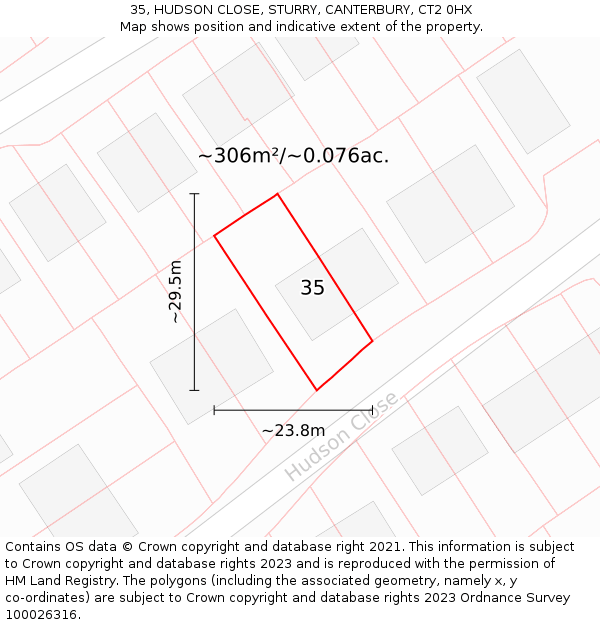 35, HUDSON CLOSE, STURRY, CANTERBURY, CT2 0HX: Plot and title map