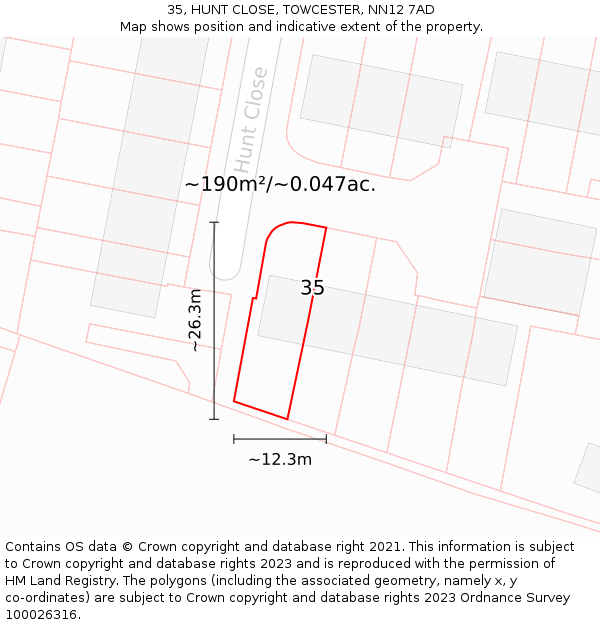 35, HUNT CLOSE, TOWCESTER, NN12 7AD: Plot and title map