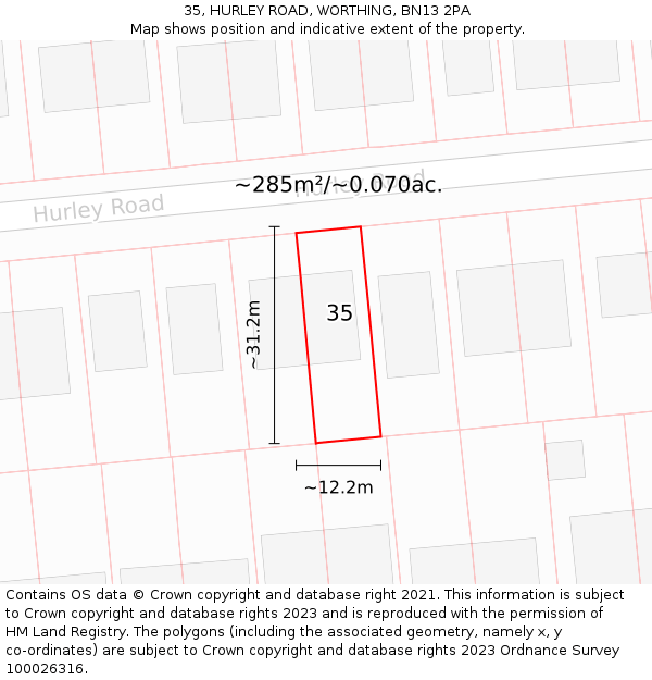 35, HURLEY ROAD, WORTHING, BN13 2PA: Plot and title map