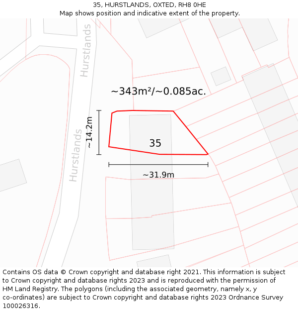 35, HURSTLANDS, OXTED, RH8 0HE: Plot and title map