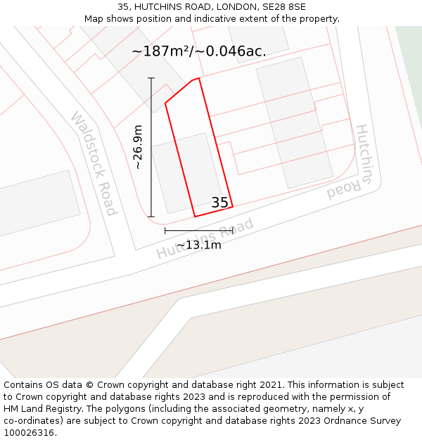 35, HUTCHINS ROAD, LONDON, SE28 8SE: Plot and title map