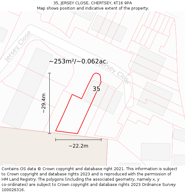 35, JERSEY CLOSE, CHERTSEY, KT16 9PA: Plot and title map