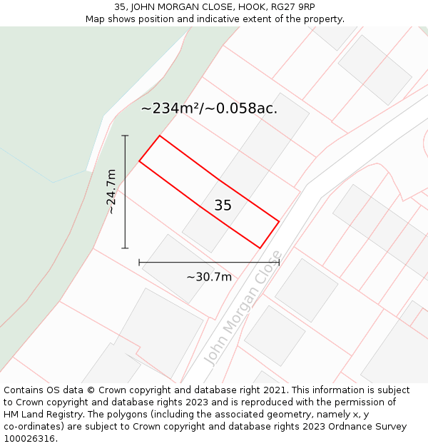 35, JOHN MORGAN CLOSE, HOOK, RG27 9RP: Plot and title map