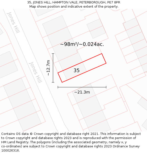 35, JONES HILL, HAMPTON VALE, PETERBOROUGH, PE7 8PR: Plot and title map