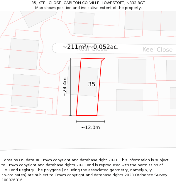 35, KEEL CLOSE, CARLTON COLVILLE, LOWESTOFT, NR33 8GT: Plot and title map