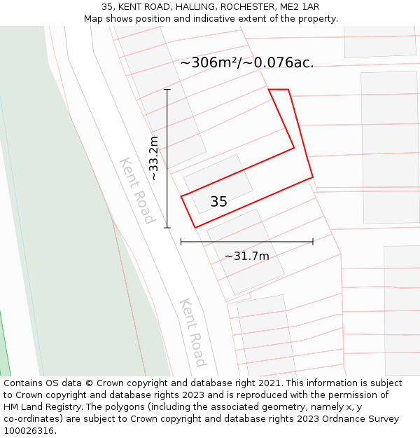 35, KENT ROAD, HALLING, ROCHESTER, ME2 1AR: Plot and title map