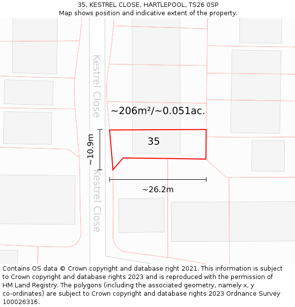35, KESTREL CLOSE, HARTLEPOOL, TS26 0SP: Plot and title map