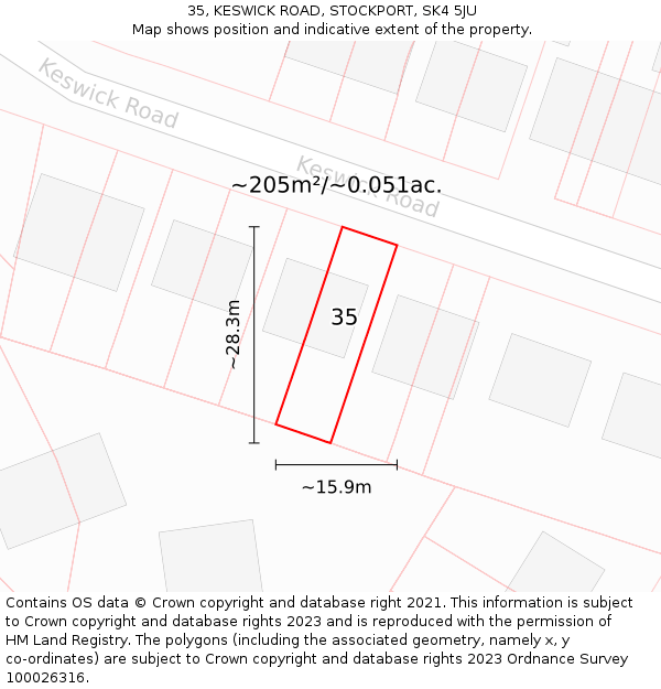 35, KESWICK ROAD, STOCKPORT, SK4 5JU: Plot and title map