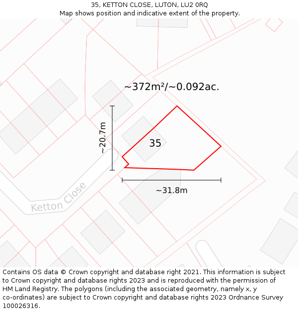 35, KETTON CLOSE, LUTON, LU2 0RQ: Plot and title map