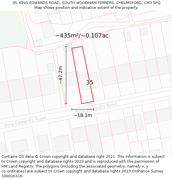 35, KING EDWARDS ROAD, SOUTH WOODHAM FERRERS, CHELMSFORD, CM3 5PQ: Plot and title map