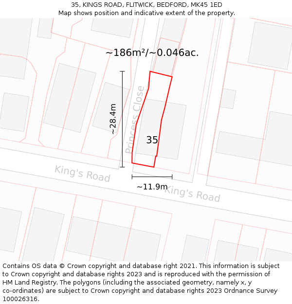 35, KINGS ROAD, FLITWICK, BEDFORD, MK45 1ED: Plot and title map