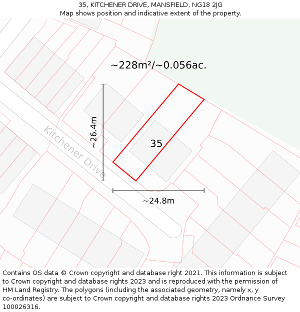 35, KITCHENER DRIVE, MANSFIELD, NG18 2JG: Plot and title map