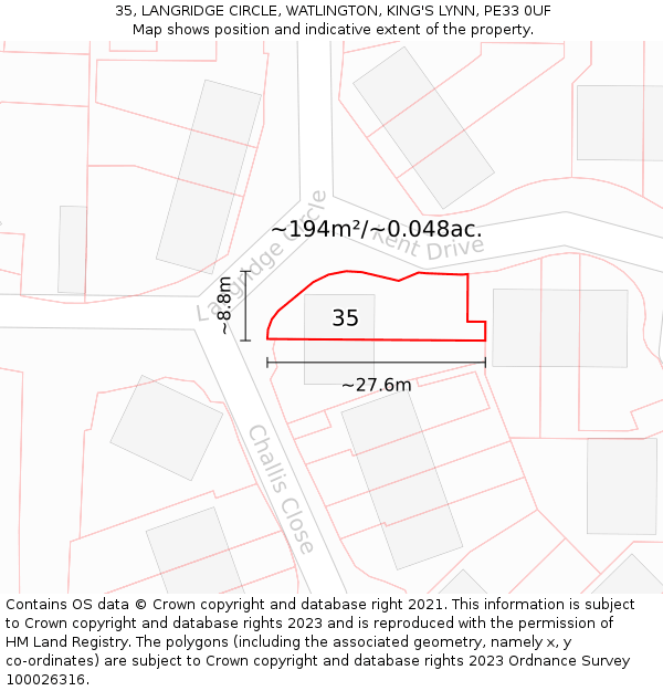 35, LANGRIDGE CIRCLE, WATLINGTON, KING'S LYNN, PE33 0UF: Plot and title map