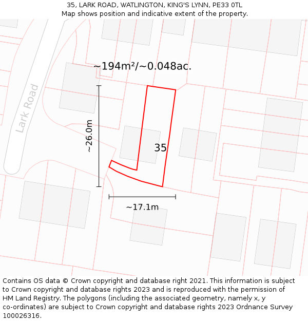 35, LARK ROAD, WATLINGTON, KING'S LYNN, PE33 0TL: Plot and title map