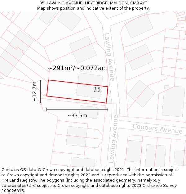 35, LAWLING AVENUE, HEYBRIDGE, MALDON, CM9 4YT: Plot and title map