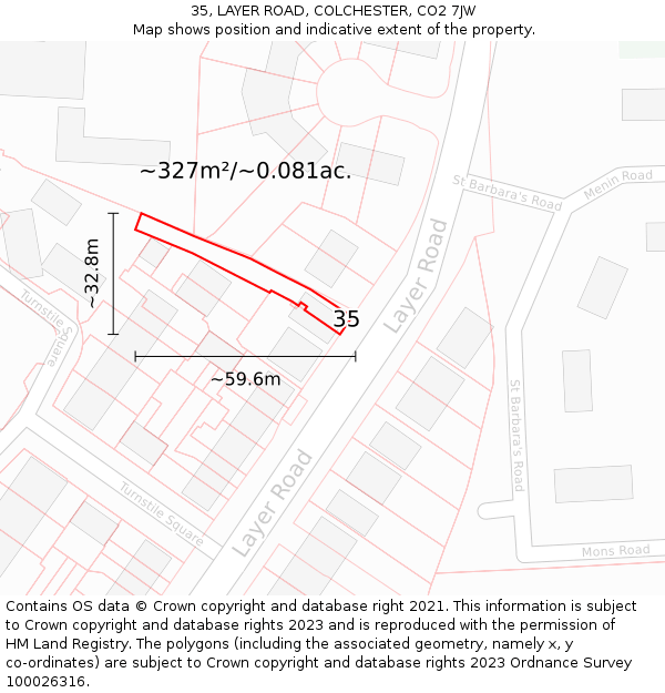35, LAYER ROAD, COLCHESTER, CO2 7JW: Plot and title map