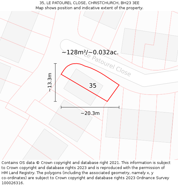 35, LE PATOUREL CLOSE, CHRISTCHURCH, BH23 3EE: Plot and title map