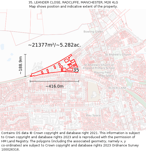 35, LEANDER CLOSE, RADCLIFFE, MANCHESTER, M26 4LG: Plot and title map