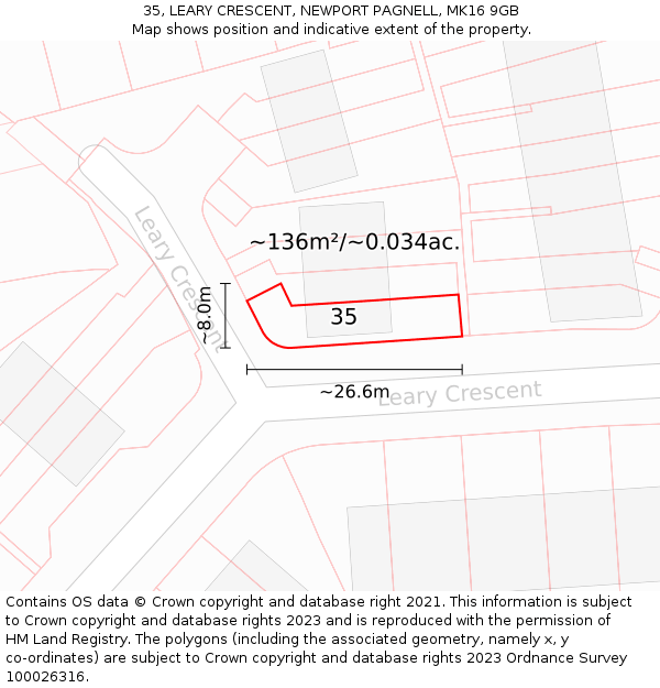35, LEARY CRESCENT, NEWPORT PAGNELL, MK16 9GB: Plot and title map