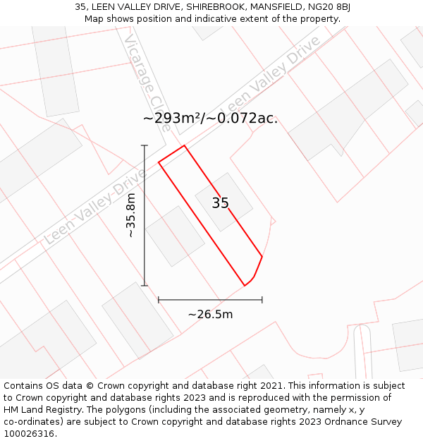 35, LEEN VALLEY DRIVE, SHIREBROOK, MANSFIELD, NG20 8BJ: Plot and title map