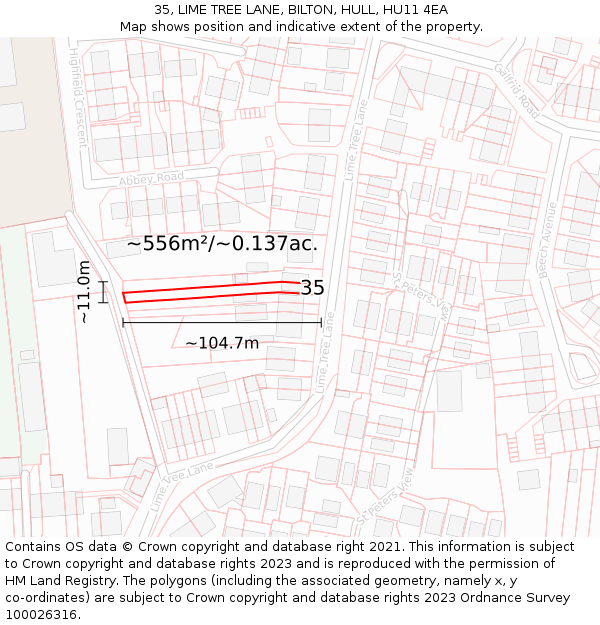 35, LIME TREE LANE, BILTON, HULL, HU11 4EA: Plot and title map