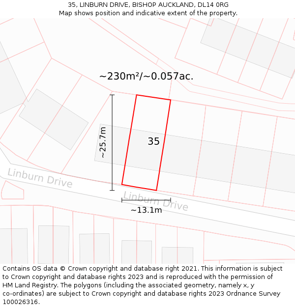 35, LINBURN DRIVE, BISHOP AUCKLAND, DL14 0RG: Plot and title map