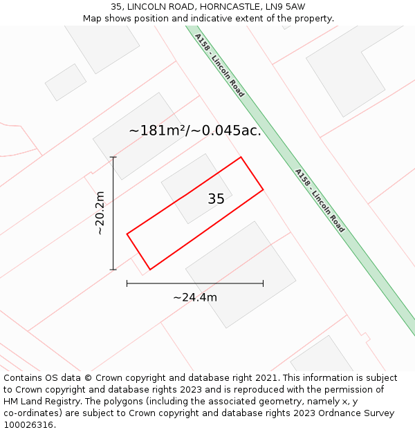 35, LINCOLN ROAD, HORNCASTLE, LN9 5AW: Plot and title map