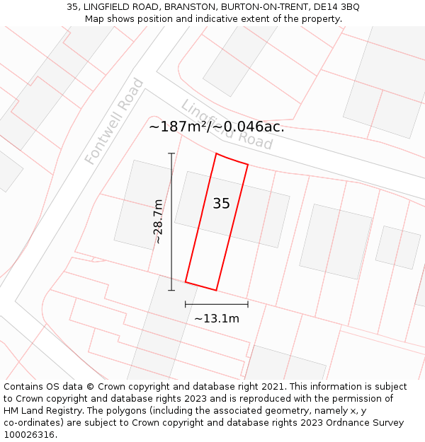 35, LINGFIELD ROAD, BRANSTON, BURTON-ON-TRENT, DE14 3BQ: Plot and title map