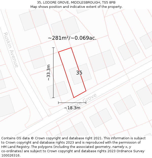 35, LODORE GROVE, MIDDLESBROUGH, TS5 8PB: Plot and title map