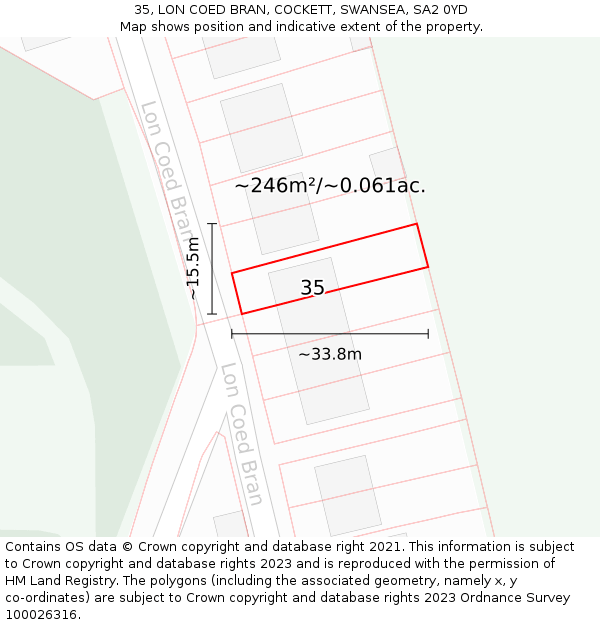 35, LON COED BRAN, COCKETT, SWANSEA, SA2 0YD: Plot and title map