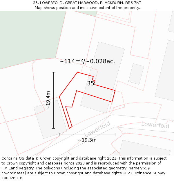 35, LOWERFOLD, GREAT HARWOOD, BLACKBURN, BB6 7NT: Plot and title map