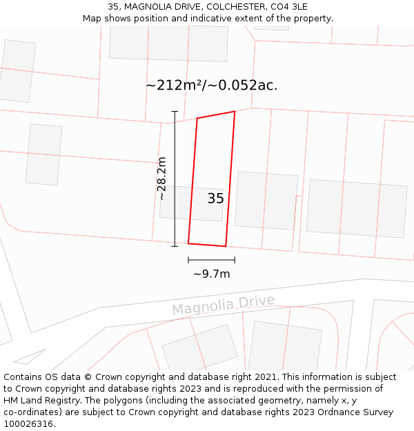 35, MAGNOLIA DRIVE, COLCHESTER, CO4 3LE: Plot and title map