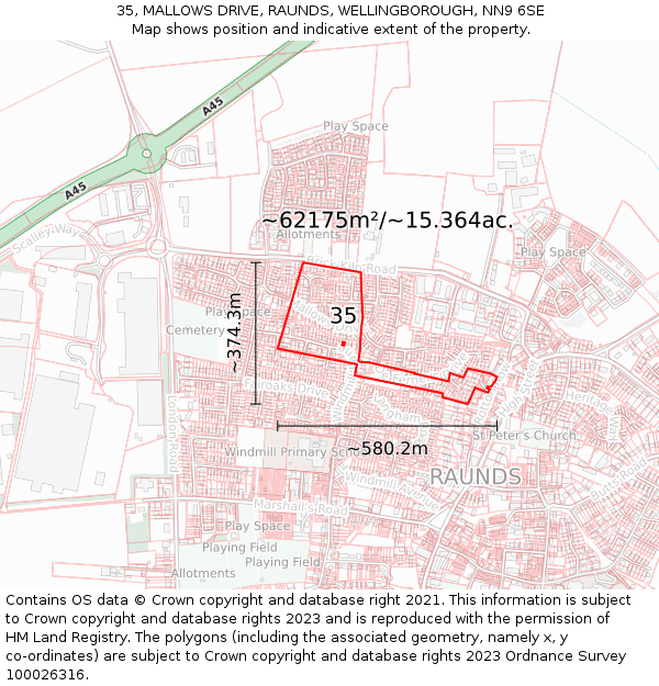 35, MALLOWS DRIVE, RAUNDS, WELLINGBOROUGH, NN9 6SE: Plot and title map