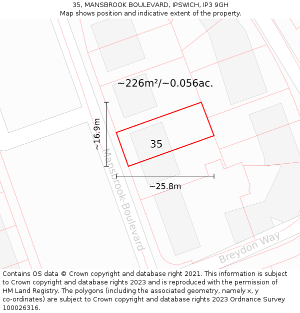 35, MANSBROOK BOULEVARD, IPSWICH, IP3 9GH: Plot and title map