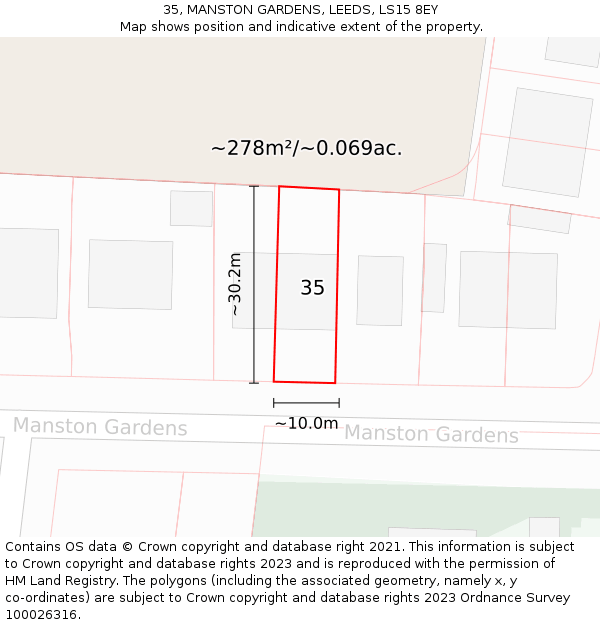 35, MANSTON GARDENS, LEEDS, LS15 8EY: Plot and title map