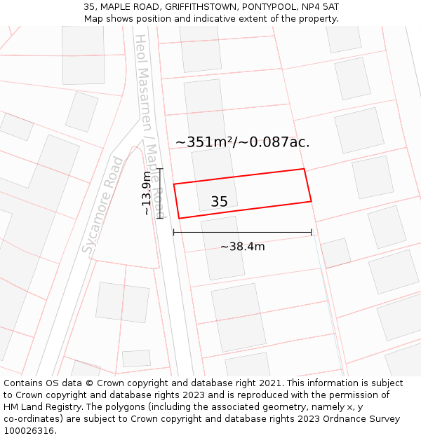 35, MAPLE ROAD, GRIFFITHSTOWN, PONTYPOOL, NP4 5AT: Plot and title map
