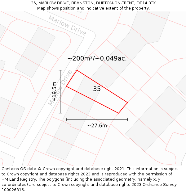 35, MARLOW DRIVE, BRANSTON, BURTON-ON-TRENT, DE14 3TX: Plot and title map