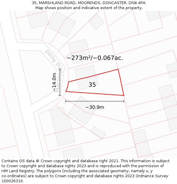 35, MARSHLAND ROAD, MOORENDS, DONCASTER, DN8 4PA: Plot and title map
